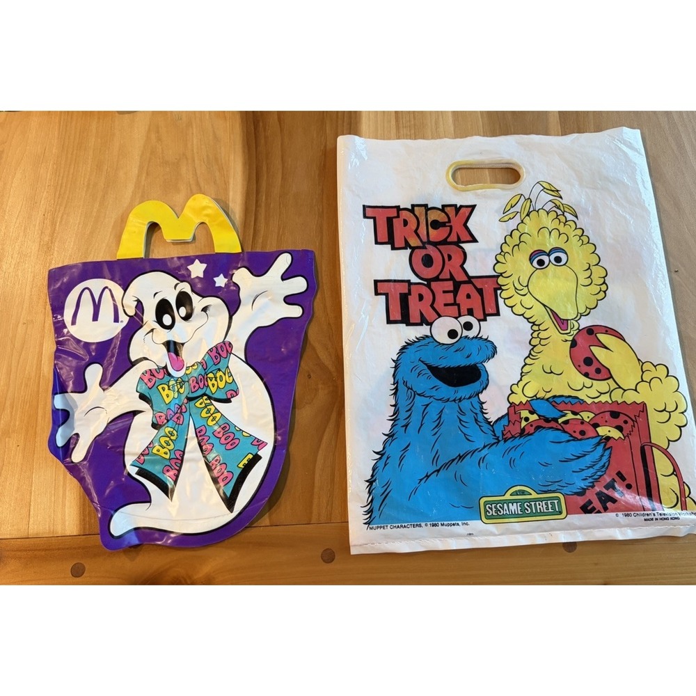 Vintage 80's 90s Halloween Trick Or Treat Bags Sesame Street & McDonald's Ghost